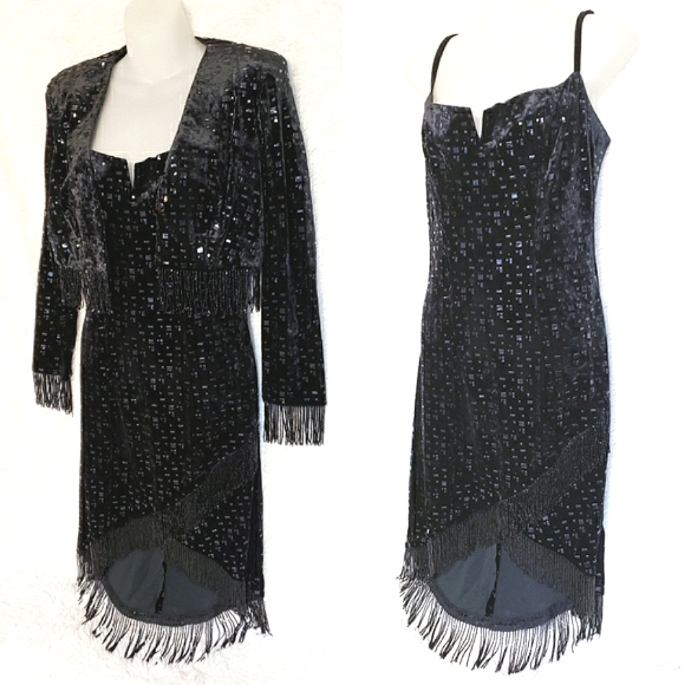 Black Beaded Velvet Leather Dress with Jacket 80s Vintage Italian Couture - Picture 15 of 15